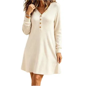 Chic ribbed knit long sleeve sweater dress with V-neck and button front for casual daily wear.