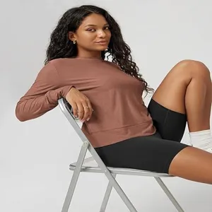 Women's crewneck long-sleeve casual yoga top solid color slim fit activewear sports shirt