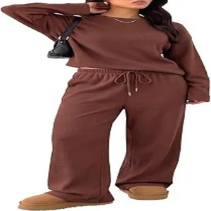 Detailed view of the brown casual long sleeve top and wide leg pants loungewear set.