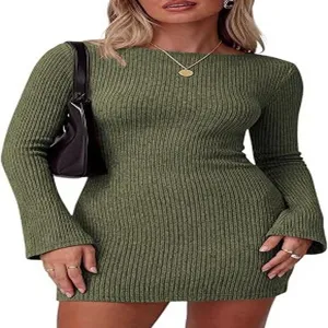 Green ribbed knit long sleeve dress detail showcasing fitted silhouette and cozy texture.