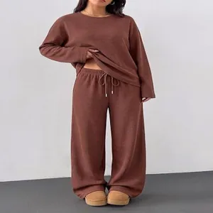 Women autumn winter casual two piece lounge set long sleeve crewneck top wide leg pants