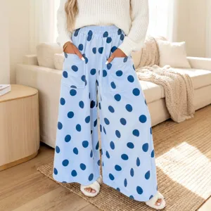 Women casual wide leg trousers fashion polka dot loose comfortable elastic waist lounge pants