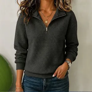Women's Casual Waffle Knit Sweatshirt V Neck Half Zip Loose Fit Solid Color Long Sleeve Top Polyester Pullover Jumper