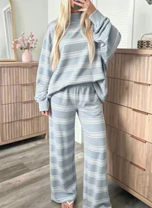 Women striped loungewear set long sleeve sweater and wide leg pants casual outfit