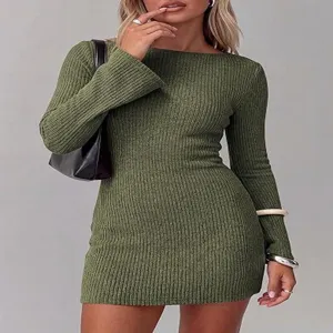 Detail view of olive green ribbed knit long-sleeve mini dress, slim fit style showcasing fabric texture.