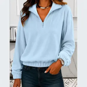 Women Fashion Fleece Sweatshirt Oversized Lapel Half Zipper Pullover Long Sleeve Top Casual Autumn Winter Warm Solid Color Sweatshirt