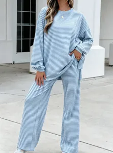 Light blue striped knit loungewear set long sleeve top and pants comfy apparel new