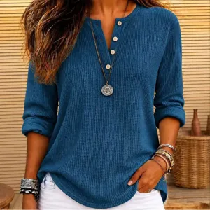 Maglietta da Donna Casual in Maglia a Nido d'Ape Scollo Henley Manica Lunga Tinta Unita Poliestere Top
