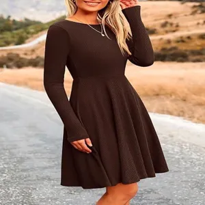 Details of long sleeve round neck solid color casual dress for women autumn wear.