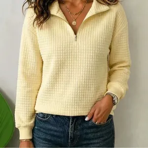Casual waffle knit half zip sweatshirt for women long sleeve solid color pullover top