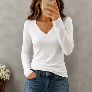 Women casual solid V-neck long sleeve tee basic white slim fit autumn top for daily wear