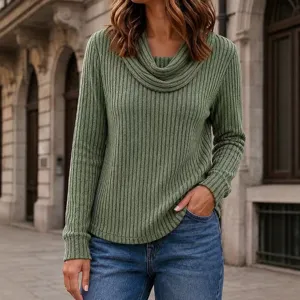 Femme mode casual unicolore col cowl manches longues pull en tricot côtelé tops!