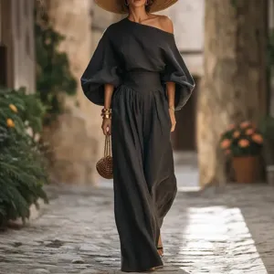 Women Off-Shoulder Top And Wide-Leg Pants Set Solid Color Cotton Lantern Sleeve Long Sleeve Minimalist Commuter Casual Outfit