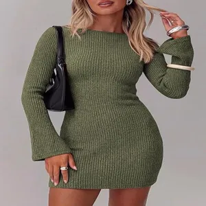Olive green long sleeve ribbed knit bodycon dress for women, casual autumn winter wear.