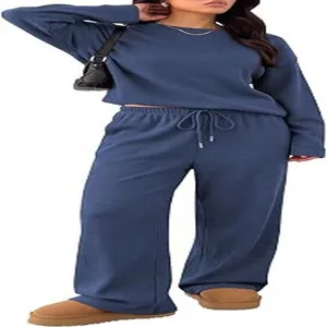 Women's Autumn Winter Casual Long Sleeve Crewneck Sweatshirt & Wide Leg Pants Set.