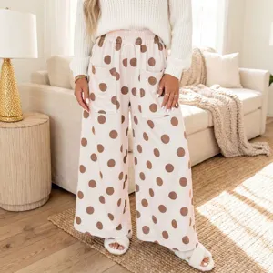 Women Fall Casual Polka Dot Wide Leg Pants Elastic High Waist Lounge Trousers with Pockets