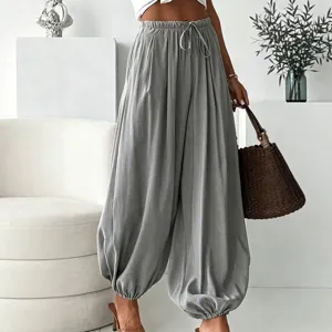 Pantalon Lanterne Décontracté et Ample à Cordon pour Femmes Polyester Élasthanne Couleur Unie Taille Moyenne Pantalon Long pour le Quotidien