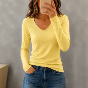 Women solid color V-neck long sleeve casual basic T-shirt autumn comfortable daily top