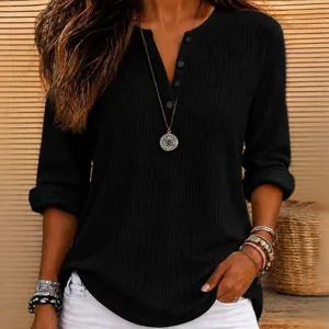 Top Henley da donna in maglia waffle a maniche lunghe tinta unita casual autunnale