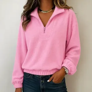 Pink fleece quarter zip sweatshirt for women, cozy long sleeve pullover top with lapel collar.