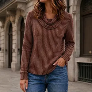Top unicolore col cowl manches longues pour femme automne hiver pull en tricot côtelé chic