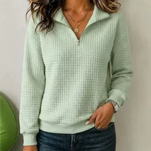 Casual women waffle knit quarter zip sweatshirt long sleeve solid pullover top green