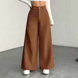Bruine ribfluwelen broek met hoge taille voor dames, casual losse wijde pijpen hoofdfoto