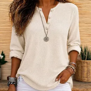 Donna Colore Unito Maglia Waffle Henley Top Manica Lunga Bottoni Casual T-Shirt Donna