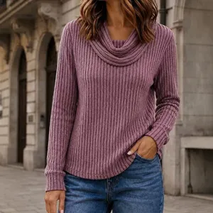 Pull à col cheminée élégant pour femme manches longues tricot côtelé uni automne
