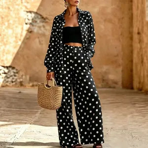 Ensemble décontracté à pois noir et blanc pour femme chemise manches longues pantalon