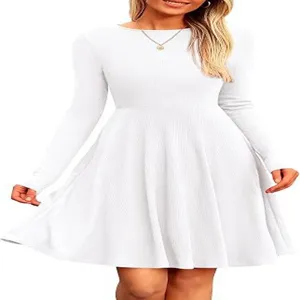 Long sleeve ribbed knit flare dress detail, solid color round neck slim fit casual style.