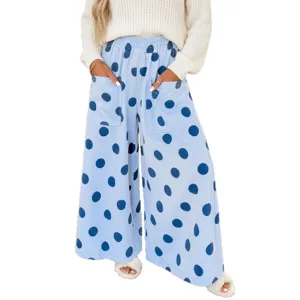 Light blue polka dot wide leg pants for women casual high waist loose trousers with pockets