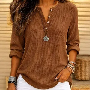 Donna casual tinta unita maglia waffle a maniche lunghe Henley top con bottoni davanti