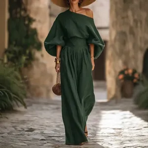 Elegant dark green off-shoulder top and wide-leg trousers set for women fashion style.