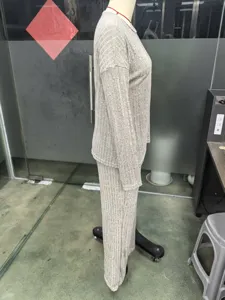 Women casual ribbed knit two piece set side view detail, loose crew neck autumn outfit.
