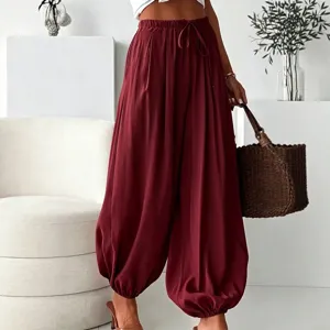 Pantalon Sarouel Femme Casual Ample Taille Haute Cordon De Serrage Style Bohème Bordeaux