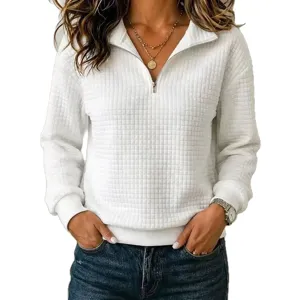 Comfortable casual women waffle knit quarter zip long sleeve sweatshirt solid color top.