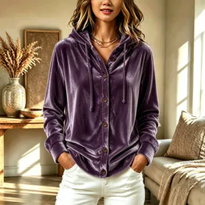 Gilet à capuche en velours pour femme manches longues boutonné veste violette chic
