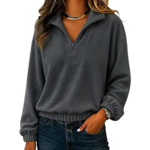 Women's Casual Fleece Quarter Zip Pullover Long Sleeve High Neck Sweatshirt Autumn Winter