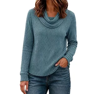 Femme collerette côtelée manches longues casual haut uni mode hiver pull chic top