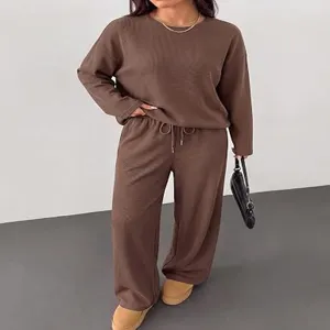 Brown waffle knit long sleeve top and wide leg pants casual loungewear set detail shot.