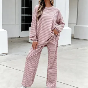 Women Knit Striped Pajamas Set Long Sleeve Top And Bottom Lounge Wear Two Piece Sleepwear Elastic Waist Pants Home Suit