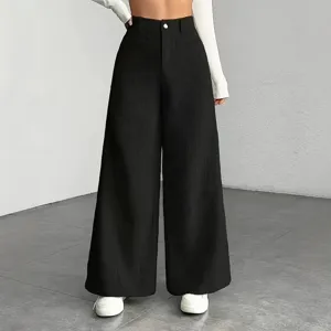 Dames hoge taille corduroy broek met wijde pijpen casual effen zwarte lange broek
