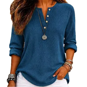 Donna top Henley a maniche lunghe in maglia waffle tinta unita casual bottoni scollo rotondo