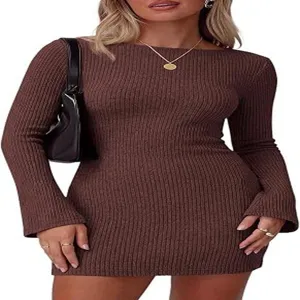 Women brown long sleeve ribbed knit dress slim fit autumn winter casual chic sweater dress