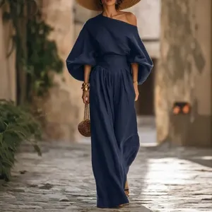 Elegant women off shoulder top and wide leg pants set chic blue two piece fashion outfit