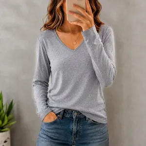 Women casual solid color V-neck long sleeve T-shirt loose basic autumn apparel top