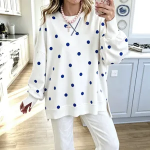 Casual loose autumn women long sleeve white blue polka dot sweatshirt top chic pullover