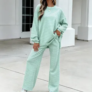 Mint green striped two-piece loungewear set with long sleeve top and pants for women