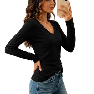 Women's black V-neck long sleeve basic t-shirt casual slim fit autumn top fashion apparel